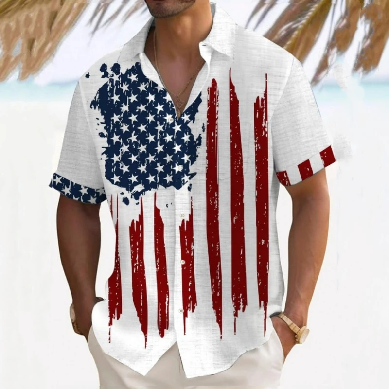 3d American Flag Print Heren Shirt Zomer Casual Korte Mouwen Shirts Losse Oversized Man Kleding Retro Hawaiian Shirts Voor Heren