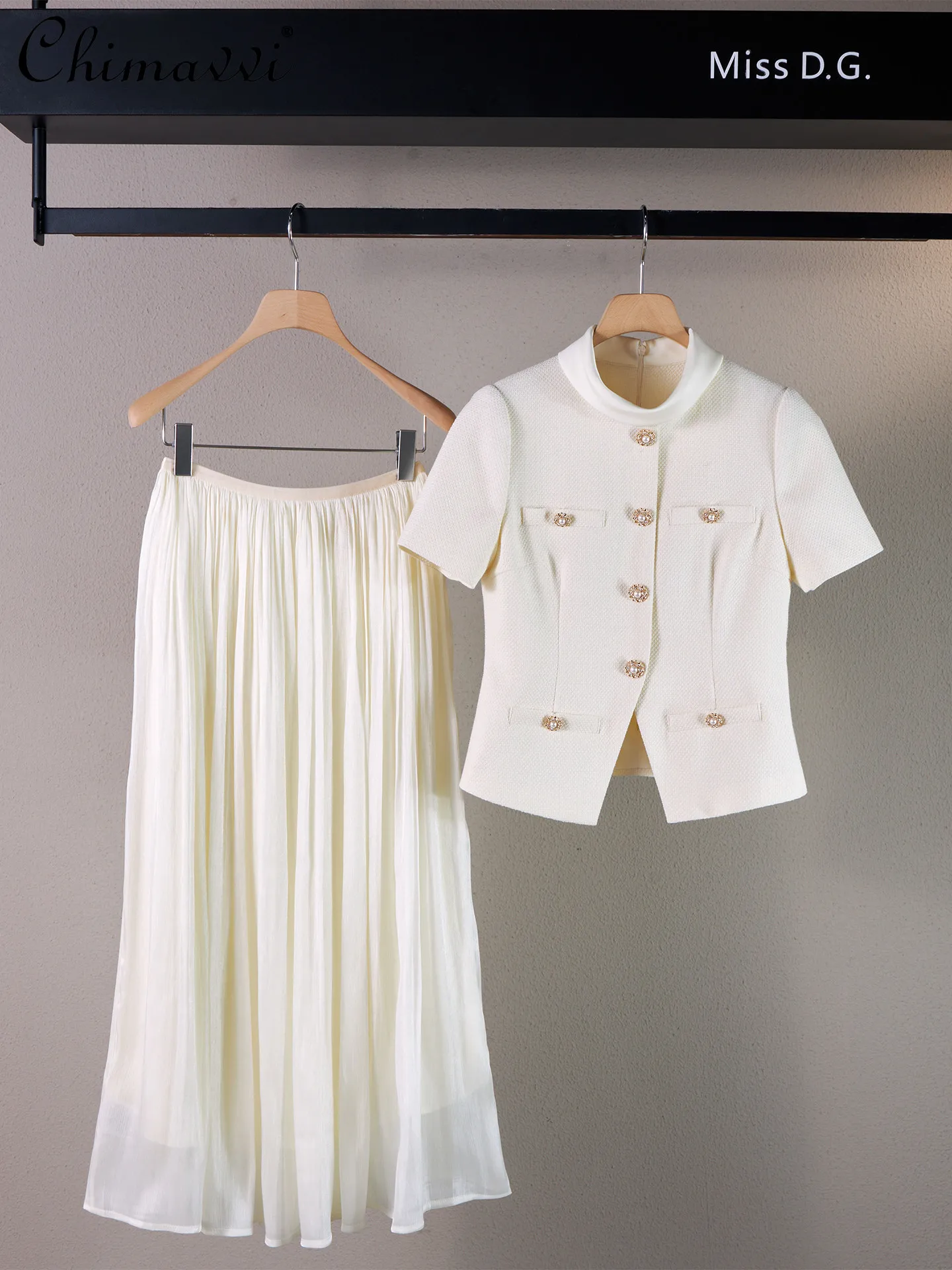 

High-end Fashion Commute Set Women Summer French Style Short-sleeve Cardigan Top and Long Midi Skirt Elegant Two-piece Outfit
