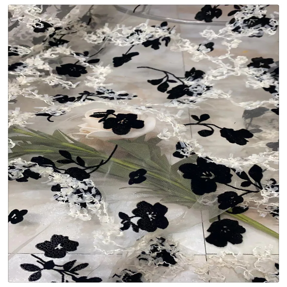 

New lace embroidered flocked rose floral mesh fabric for women's clothing home decor designer fabric by the yard