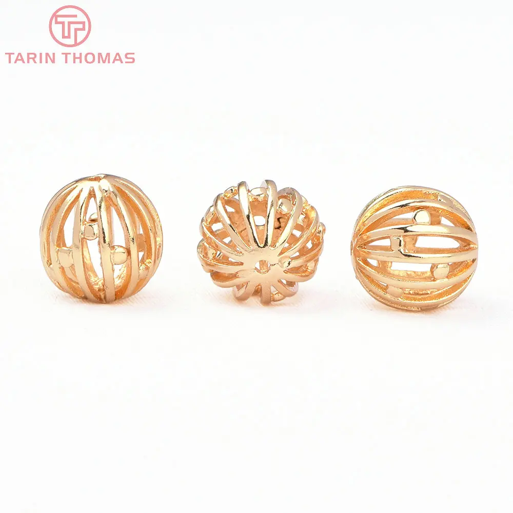 (8383) 6PCS 24K Gold Color Brass Ball Shaped Hollow Spacer Beads Bracelet Beads High Quality Diy Jewelry Accessories Wholesales