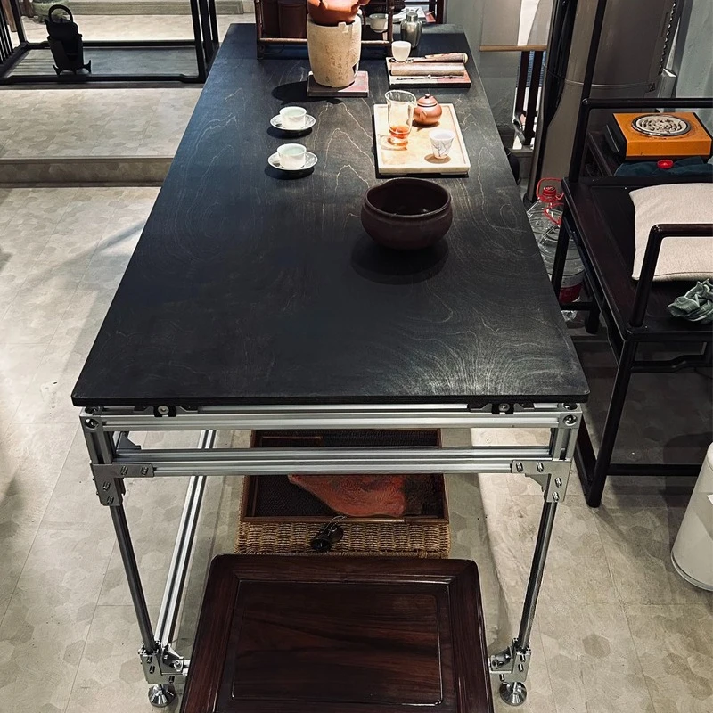 

Aluminum profile black solid wood large board table, simple modern desk, rectangular conference table, tea table,