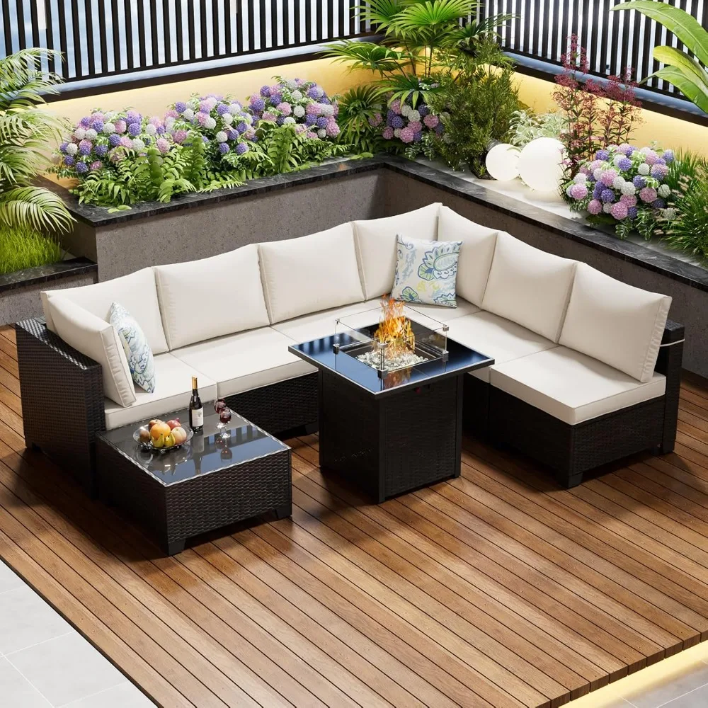 

Patio Furniture Set with Fire Pit Table, 8-Piece Outdoor Furniture Conversation Set with Cushions，Wicker Sectional Sofa for Porc