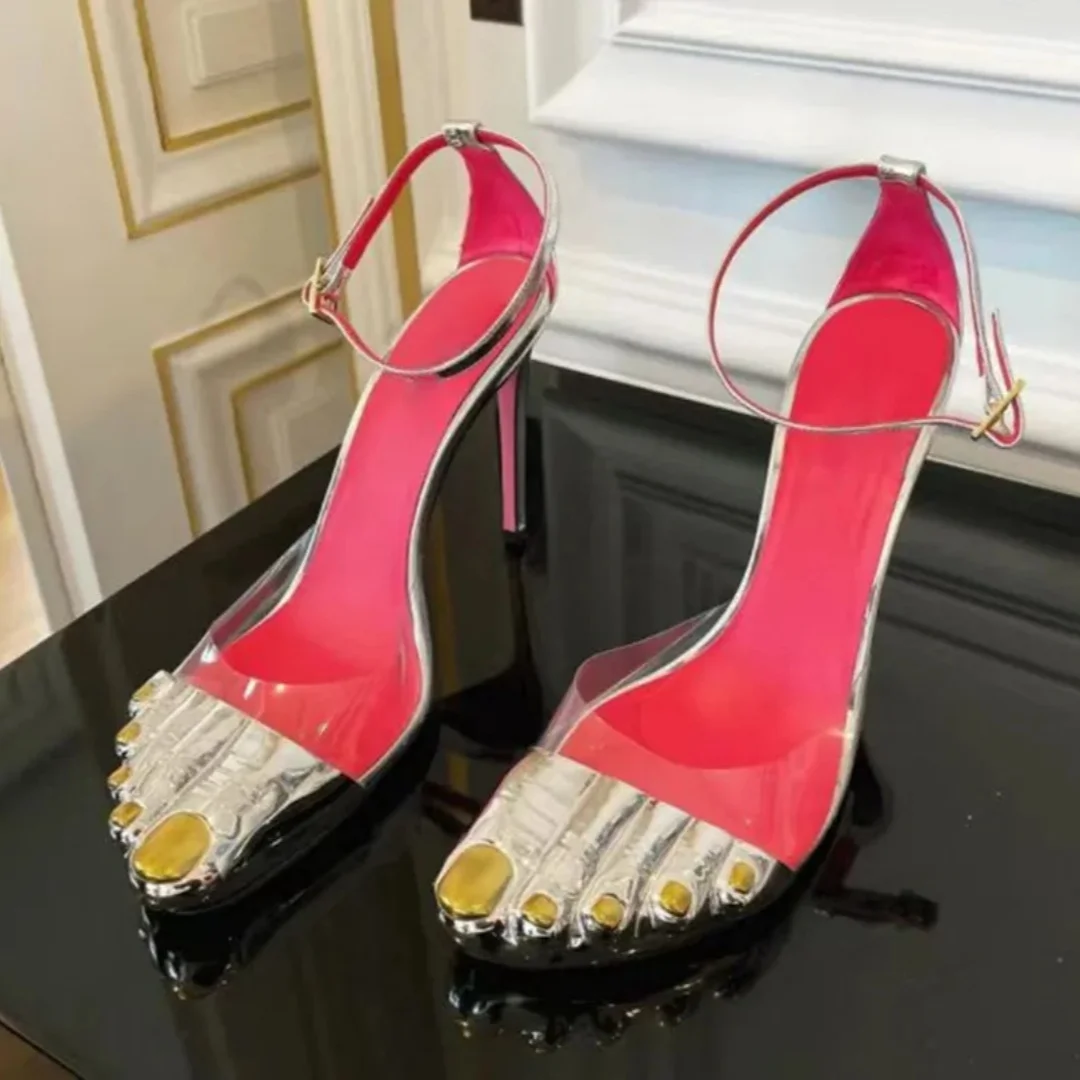 Women Suede Handmade Gold Toe Five Finger High Heels Summer Stiletto Metal Slippers Wedding Party Dress Elegant Sandals Fashion