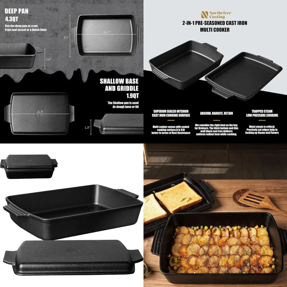 

2-in-1 Seasoned Cast Iron Dutch Oven & Skillet Lid, Casserole Dish, Rectangular Baking Pan, Griddle, 6 Quart, 9x13
