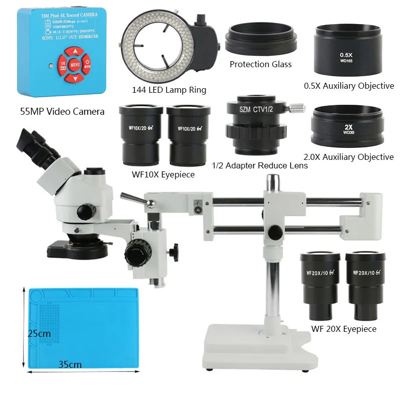 eakins simul focal industrial trinocular microscopio estereo 4k camera de 55mp suporte de braco duplo 144 led anel light grupo 7x45x 180x 01