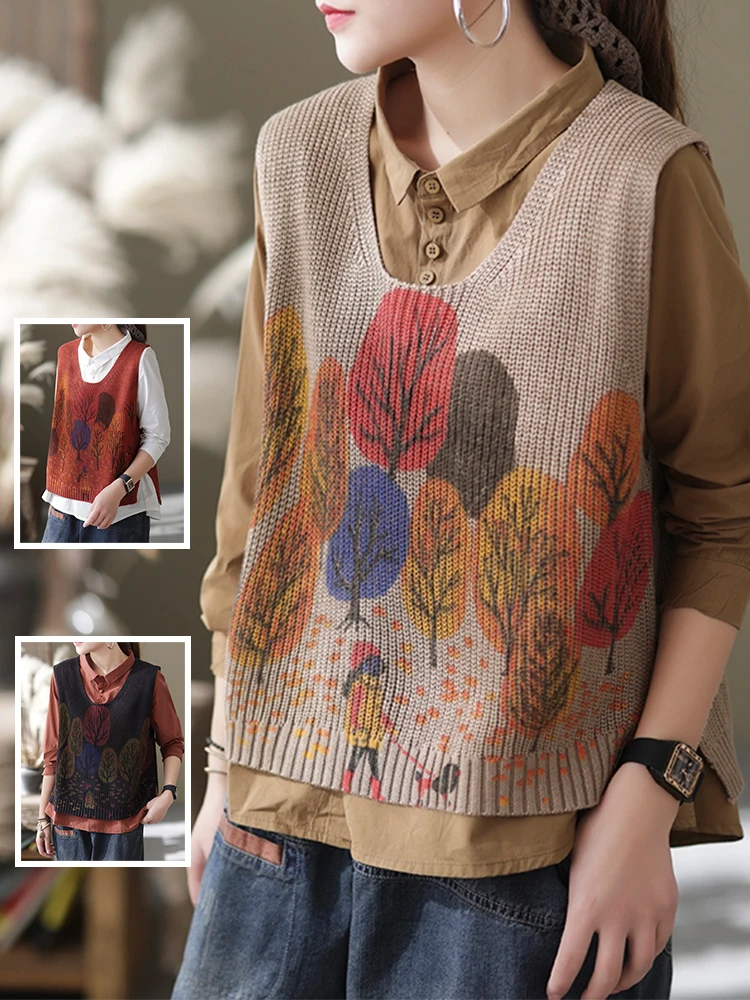 

Ранняя осень, свободный женский вязаный жилет с принтом V-Ne, с разрезом по бокам, с цветочным узором, Faion Commute Sle