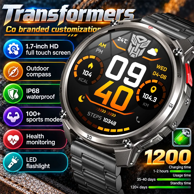 New Military Outdoor Smart Watch 1200mAh Big Battery LED Flashlight Compass IP68 Waterproof Bluetooth Call Sport Men Smartwatch