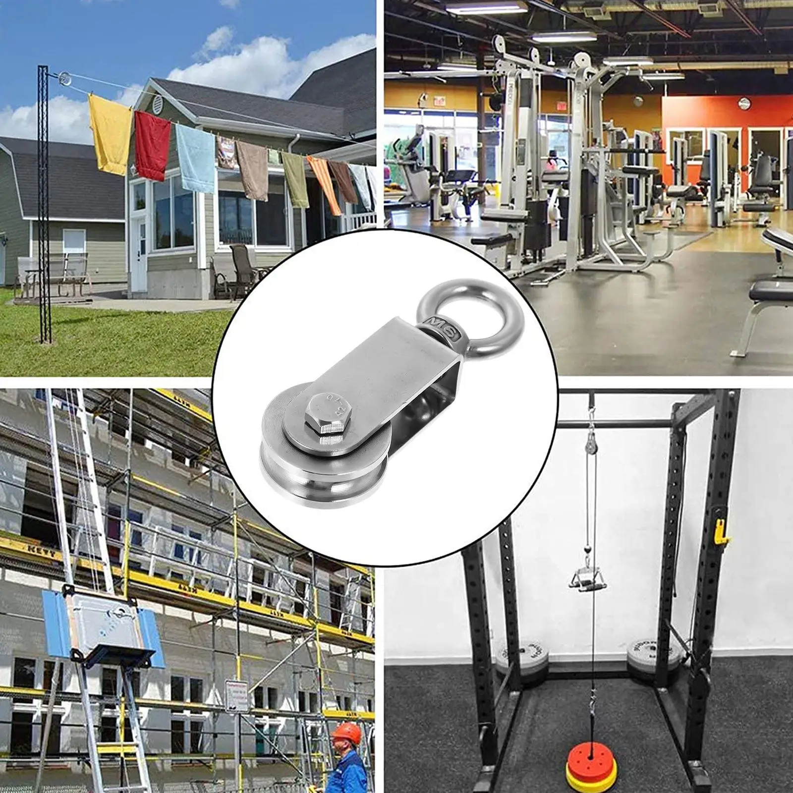 Polea de anillo de acero inoxidable de alta resistencia, con rodamiento silencioso y suave, 360 ° Cuerda de acero para construcción de escalera giratoria de gimnasio y tendedero de ropa