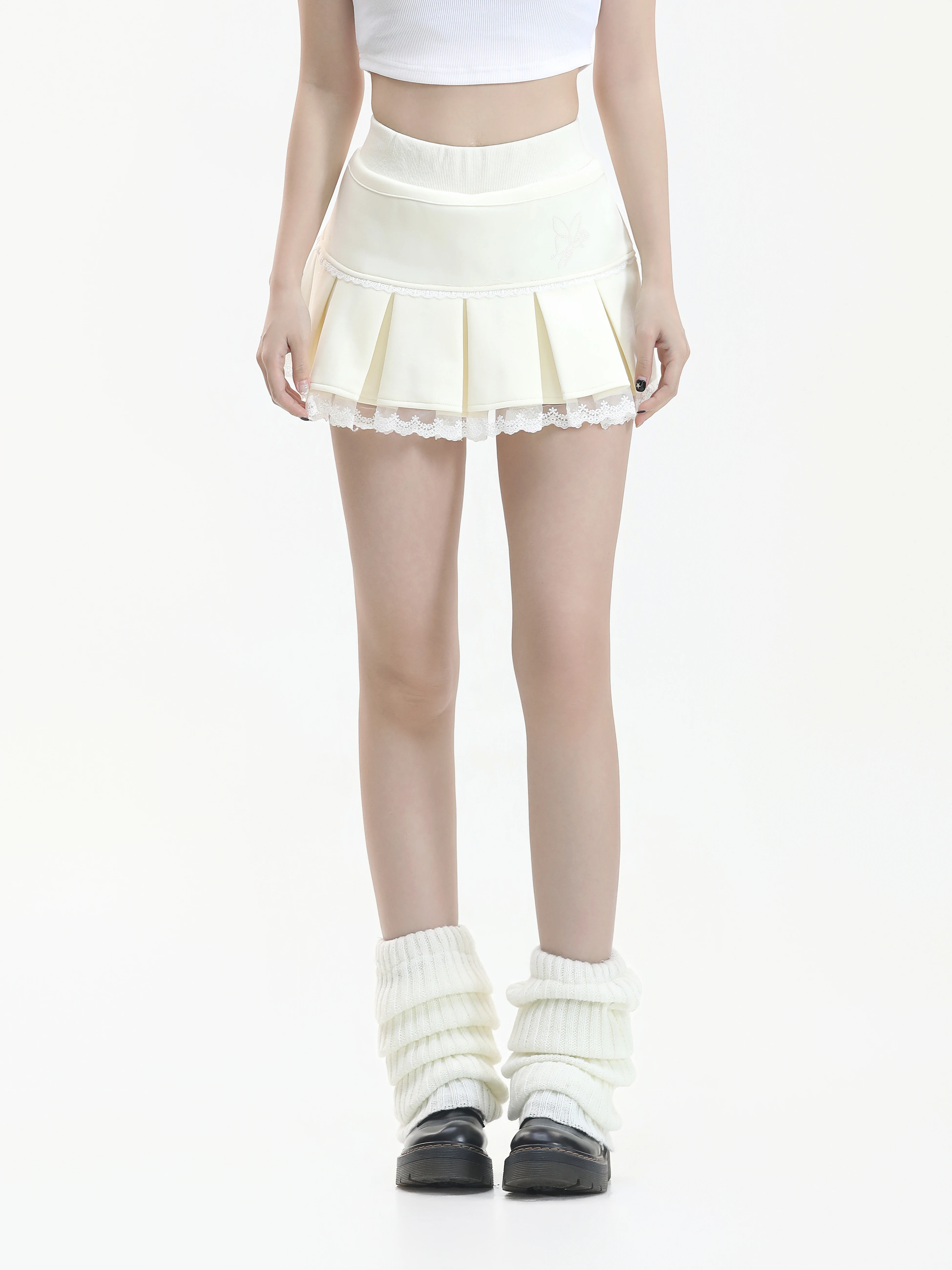 Korean Style High Waist Lace Patchwork Half Skirt Women's Design Sensation Sporty Folded Short Skirt Youth Cotton Polyester A...