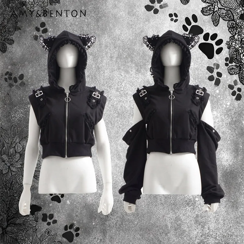 

Japanese Harajuku Style Dark Subculture Cat Ear Rivet Detachable Long Sleeve Off-Shoulder Short Jacket Street Punk Zip Up Hoodie