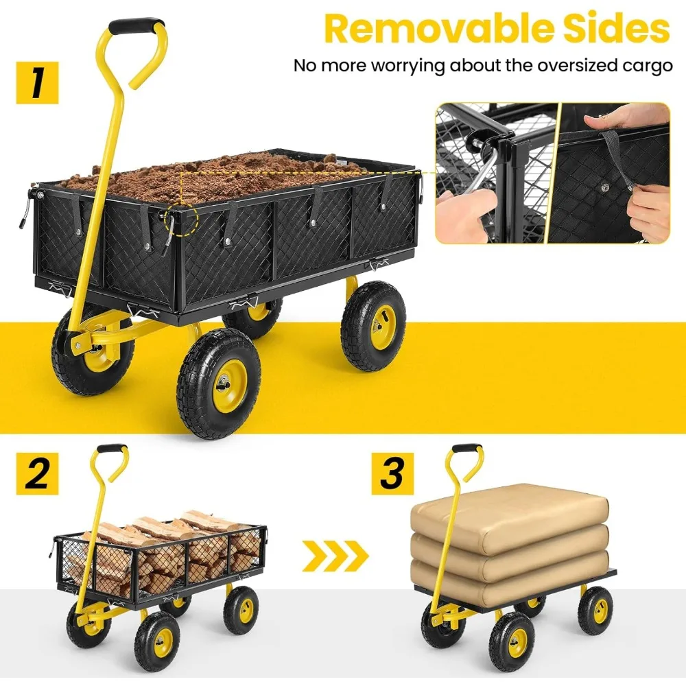 Heavy-Duty Mesh Steel Garden Cart with 880lbs Capacity, Removable Sides for Flatbed Utility Conversion, Long-Lasting Outdoor Yar