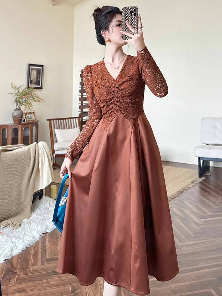 Prom Party Elegante Frauen Retro Braun Spitze Splic V-ausschnitt Falten A-Line Midi Kleid Formale Süße Dating Dame Robe Vestidos Casual Neue