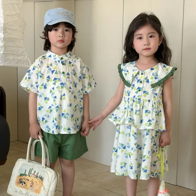 

2025 Summer Children's Outfit Vacation Style Sibling Clothes 1-8Y Boys Casual Shirt Shorts 2Pcs Cute Girls Lapel Printed Dress
