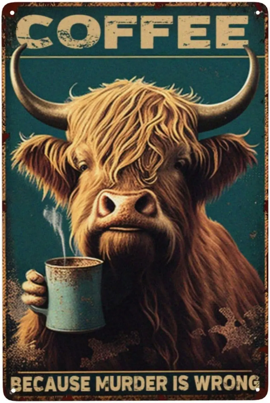 Coffee Cow Tin Poster  - Murder Is Wrong Humorous Wall Decor for Kitchen, Shops & Bovine Enthusiast Gifts
