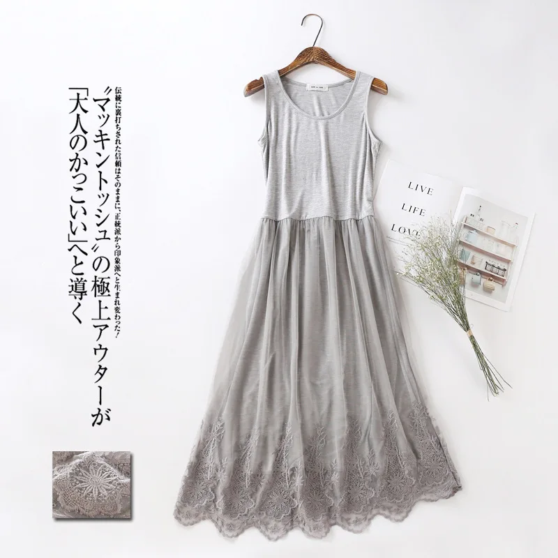 

Japanese Sweet Mori Girl Lace Mesh Embroidery Spaghetti Strap Maxi Dress Women Summer New Sleeveless Modal Cotton Tank Dresses
