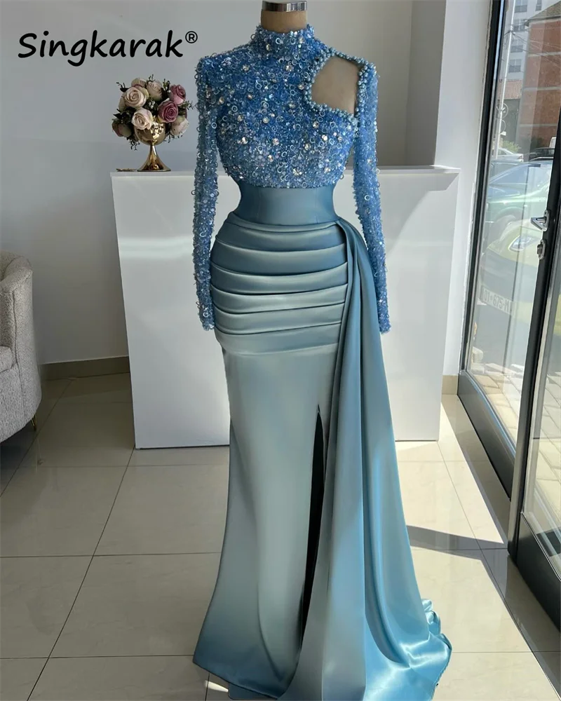 Blue Muslim Diamonds Mermaid Evening Dresses Long Sleeves Glitter Pearls Beaded Dubai Wedding Party Gowns Vestidos