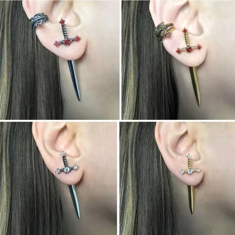 Gothic Sword Earrings Rhinestone Dagger Earrings Black Retro Screw Earrings Cubic Zirconia Punk Sword Earrings For Women Girls