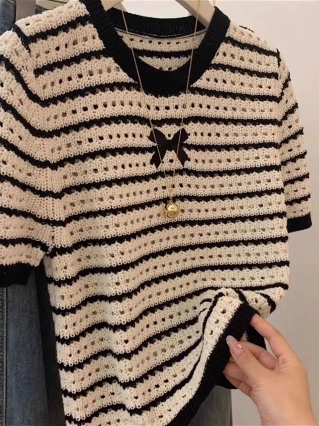 Summer New Style Short Sleeve Knitted Top Hollow out round Neck  Knot Design Korean Version Commute Style plus Size