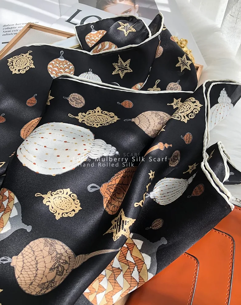 Luxury Pure Mulberry Scarf Wrap Shawls 110*110 Square Brand Bandanas in Silk with Handmade Hair Hem Roller Bandanas Stole 110cm