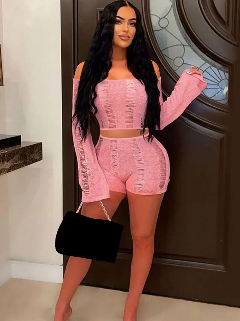 

GUWU Sexy Knitted Ripped Out 2 Piece Sets Women Outfit Clubwear Slash Neck Off Shoulder Crop Top and Shorts Suits Conjunto Mujer