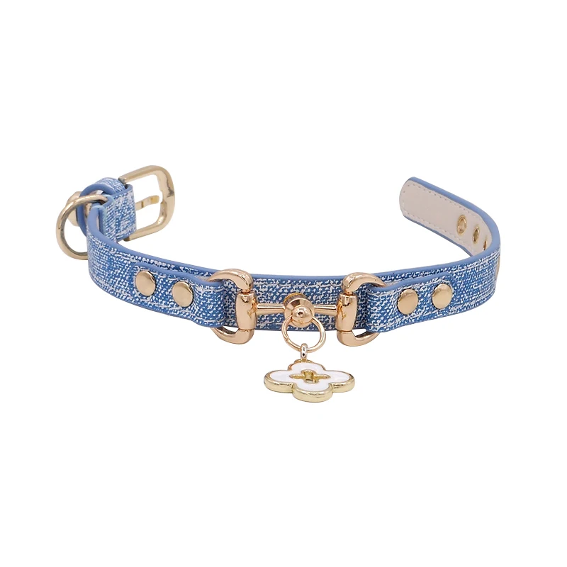 Denim pattern top layer cowhide buckle PMG pet collar Teddy Schnauzer neck collar