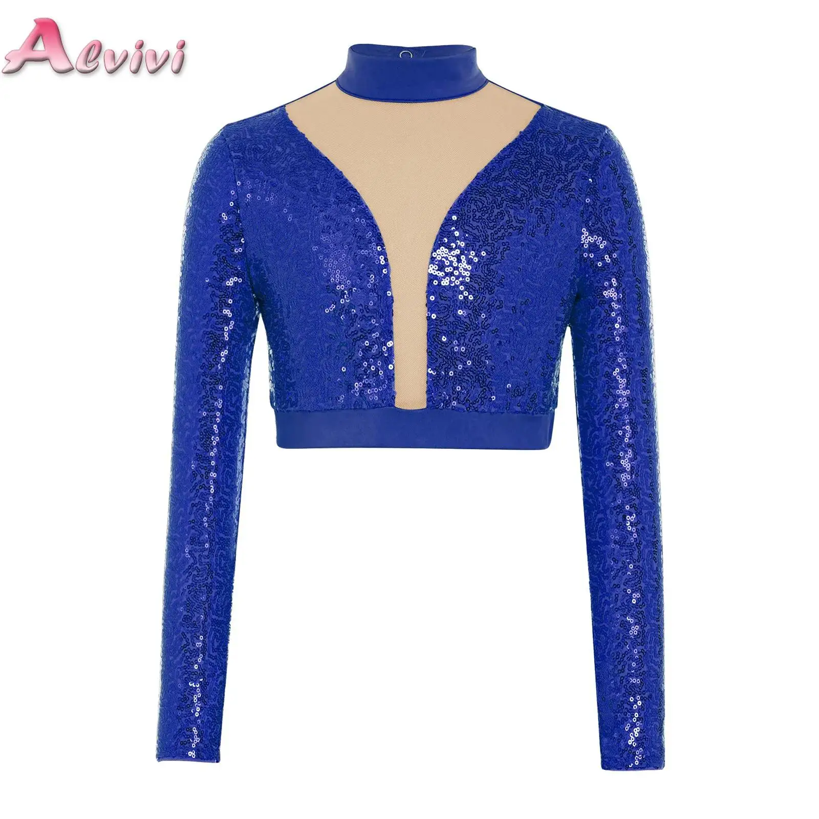 

Shiny Sequins Crop Top for Kids Girls Long Sleeve Mesh Cutout Back T-Shirts Ballet Jazz Gymnastics Performance Competition Wear