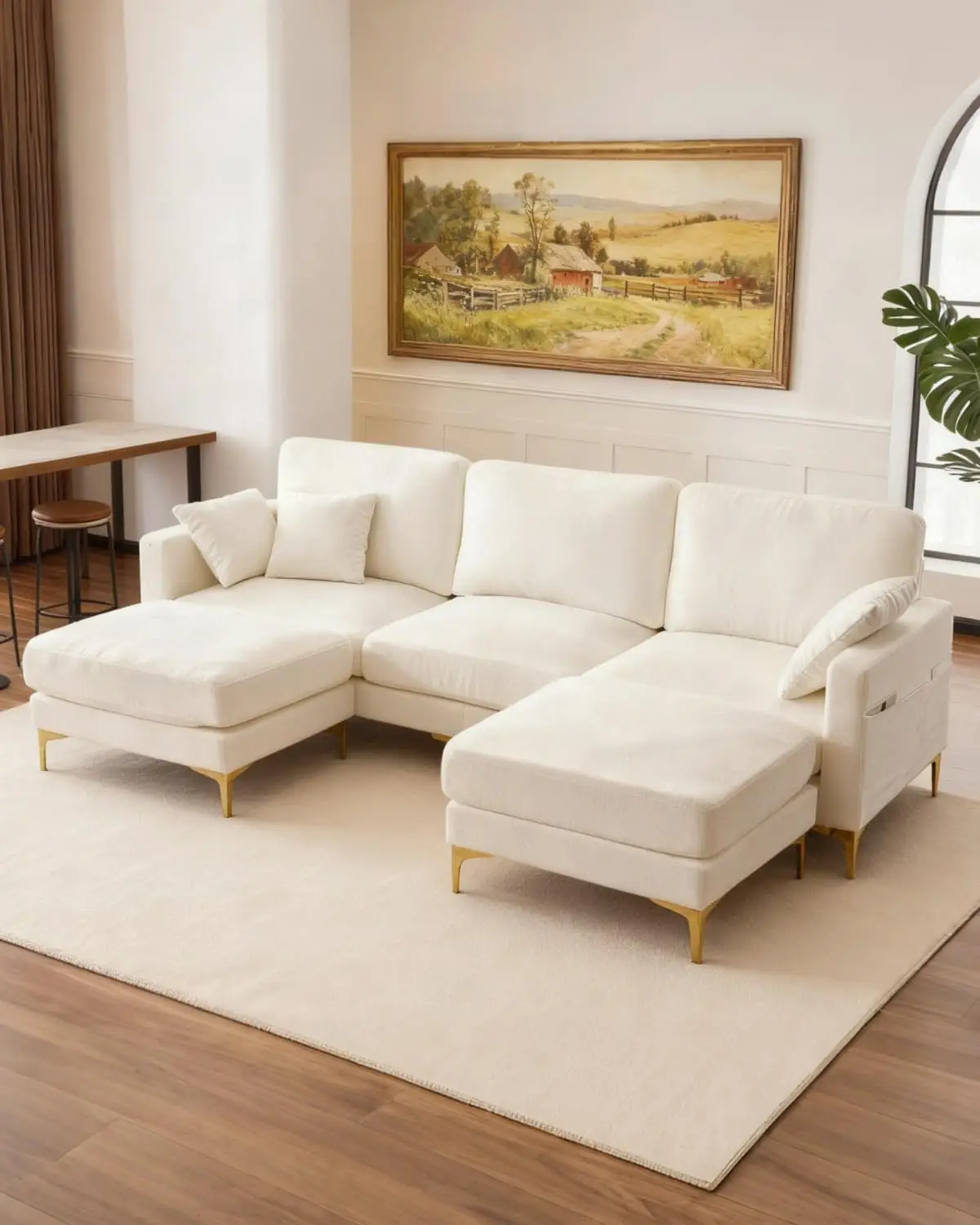 U-Shaped Sectional Sofa 3-Seat Cream Fabric Living Room Furniture, Customized