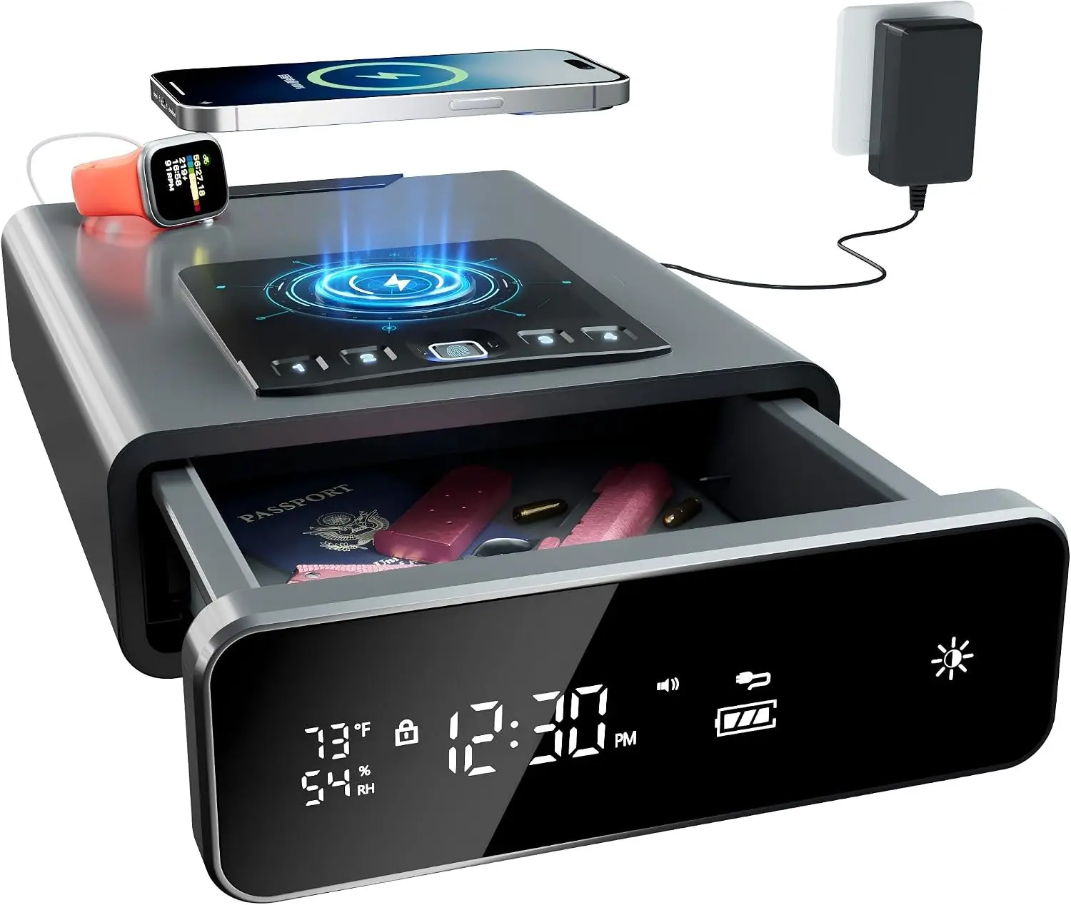 Biometric Bedside Gun Safe for Handgun with 5 Brightness Levels | Gray: Clock Display, Temp & Humidity Display, Silent Touchscre