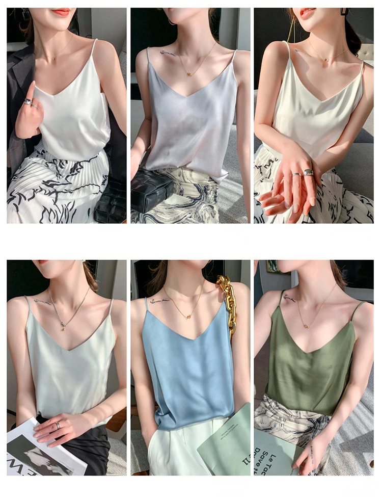 Summer Silk Suspenders Camisole Sling V-neck Loose Bottoming Satin Vest Sexy Crop Top for Women