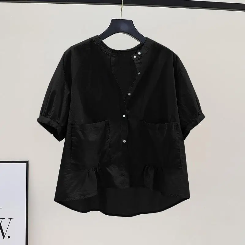 Camisa solta em retalhos com bolsos femininos, tops casuais com gola em o, cor sólida, blusa de escritório que combina com tudo, roupas vintage, nova moda, verão