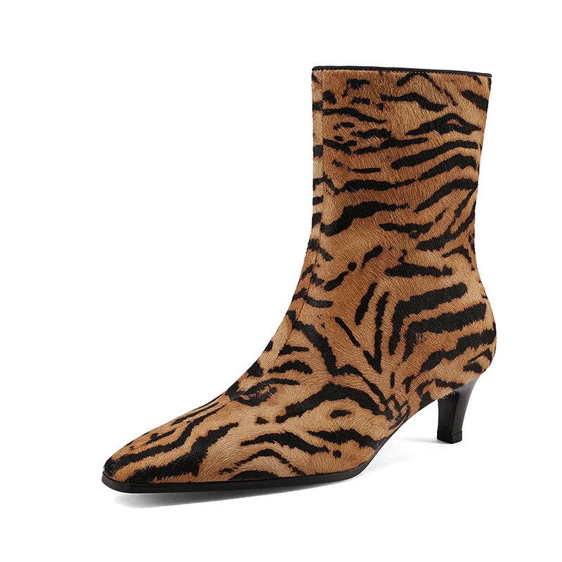 Women's Leopard Horsehair Ankle Boots with Chunky Heels, Square Toe
