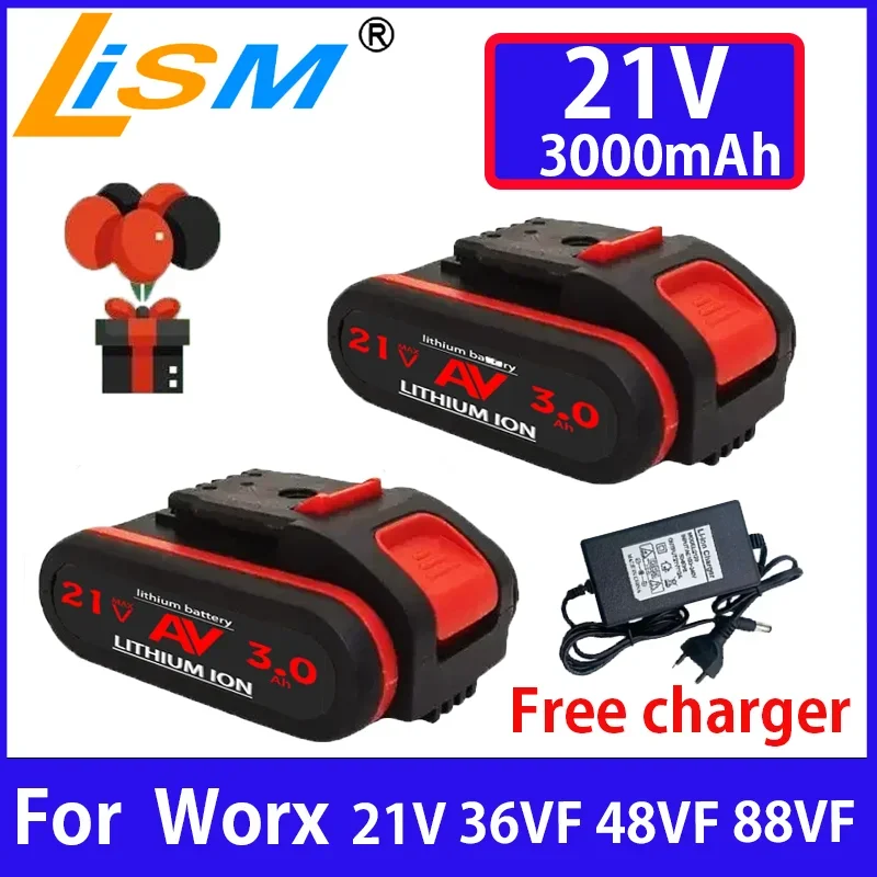 21V 3000mAh Rechargeable Lithium Ion Battery For Worx 21V 36VF 48VF 88VF Cordless Screwdriver Power drills Replacement Batter