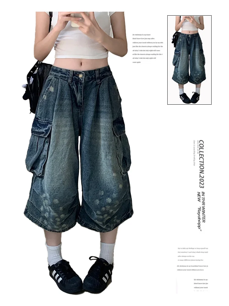 

Women Blue Cargo Denim Jeans Vintage Harajuku Hight Waist Jean Pants Y2k 90s Aesthetic Denim Trousers 2000s Clothes Summer 2024