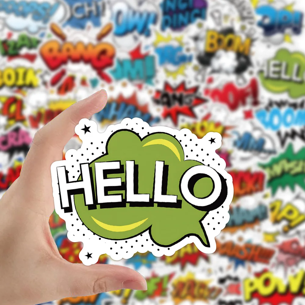 50/100Pcs INS English Boom Hello OMG BAM CRASH POW Stickers PVC Waterproof Stickers Decals For Kids Boys Girls Toys Gifts