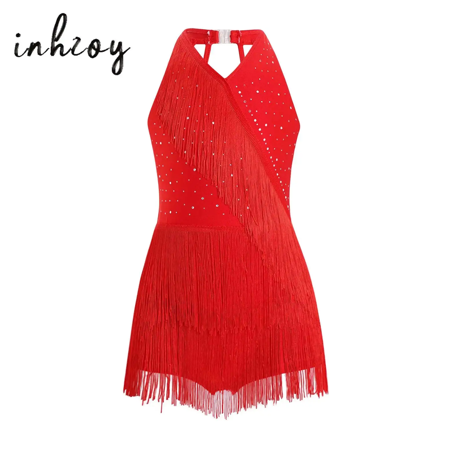 

Kids Girls Latin Dance Dress Sparkly Rhinestones Fringe Leotard Dress Halter V-neck Sleeveless Strappy Back Tassel Jumpsuit