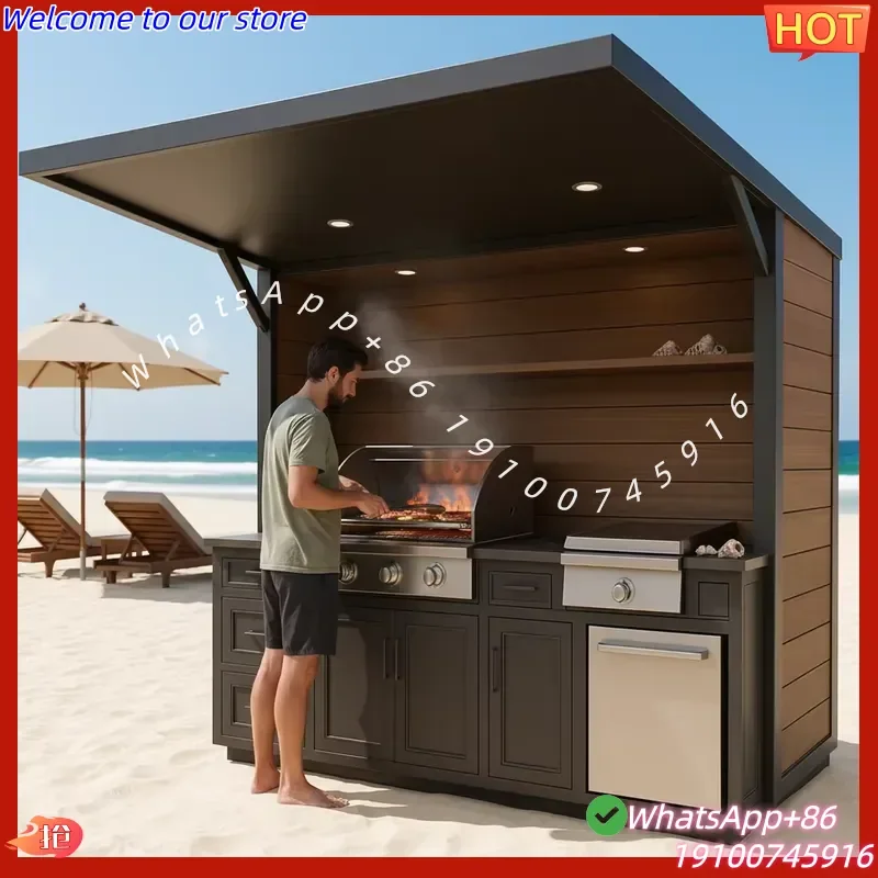 2026Hot Portable Outdoor Kitchen Prefab Cooking Station Grill Sink Fridge Backsplash Fireproof Ready Ship Steel Modern Design