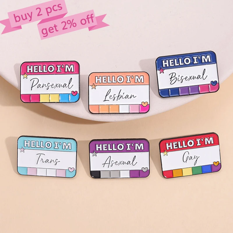 Hello I'm LGBT Enamel Pins Custom BI Pan Asexual Trans Gay Lesbian Brooches Lapel Badges Pride Rainbow Color Dialog Box Jewelry