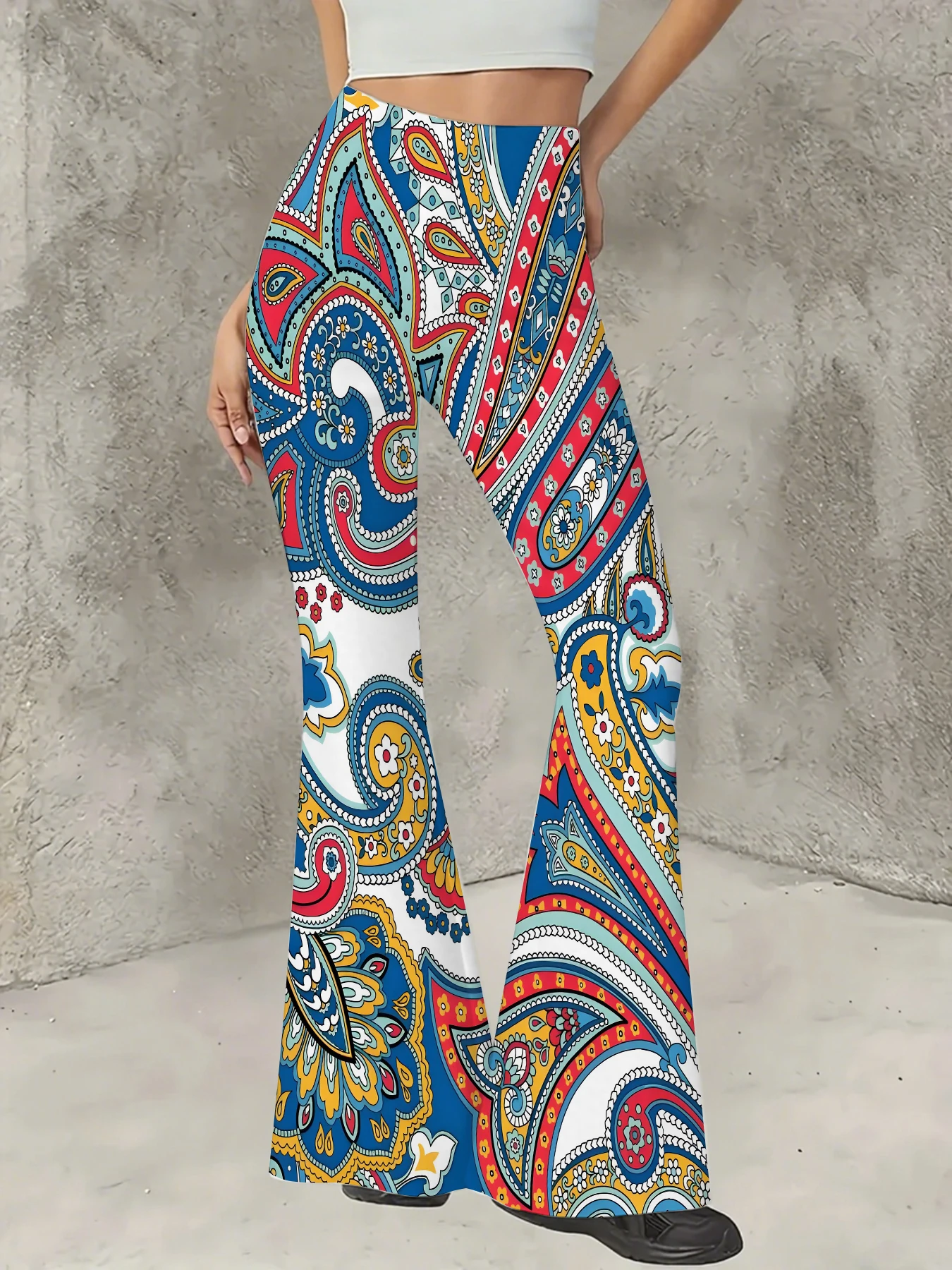 

Women's Flared Pants Vintage Paisley Print High Waist Boho Casual Bell Bottom