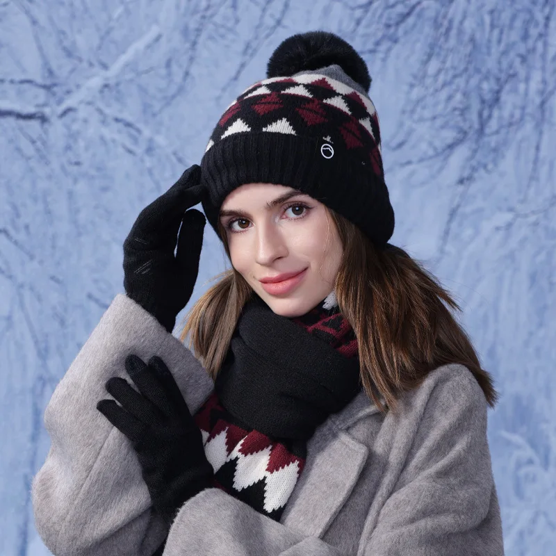 Winter warm hat scarf three-piece women's household plus fleece winter cover hat fashion Korean knitted woolen hat