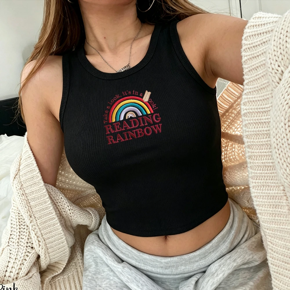 Women Ribbed Tank Top Camisole Crop Y2K Top Reading Rainbow Colorful Arc Book Quote Print Sleeveless Slim Fit Cropped Camisole