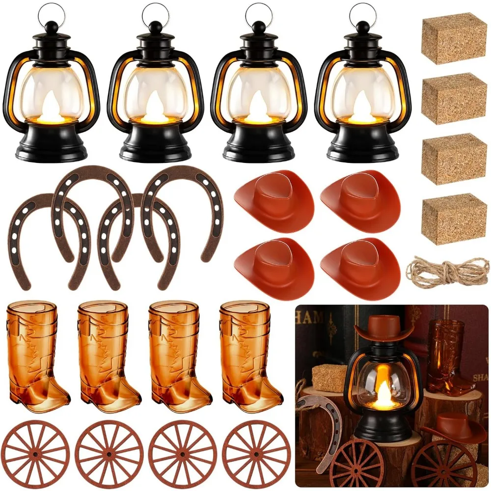 

24Pcs Cowboy Theme Party Decoration, Western Cowboy Party Centerpieces, Mini Cowboy Hat Lantern Horseshoe Wagon Wheel Hay Bales