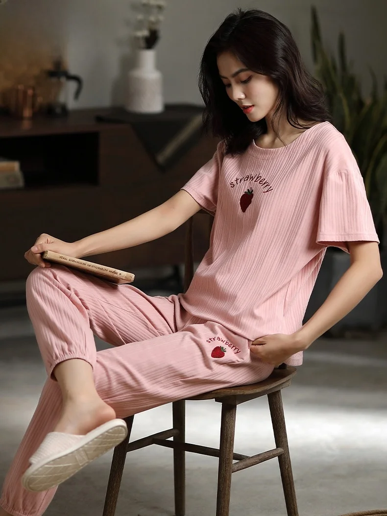 Pijamas de algodón de verano Doral para mujer, pantalones largos holgados con puños elásticos, ropa de casa dulce y bonita, conjunto informal