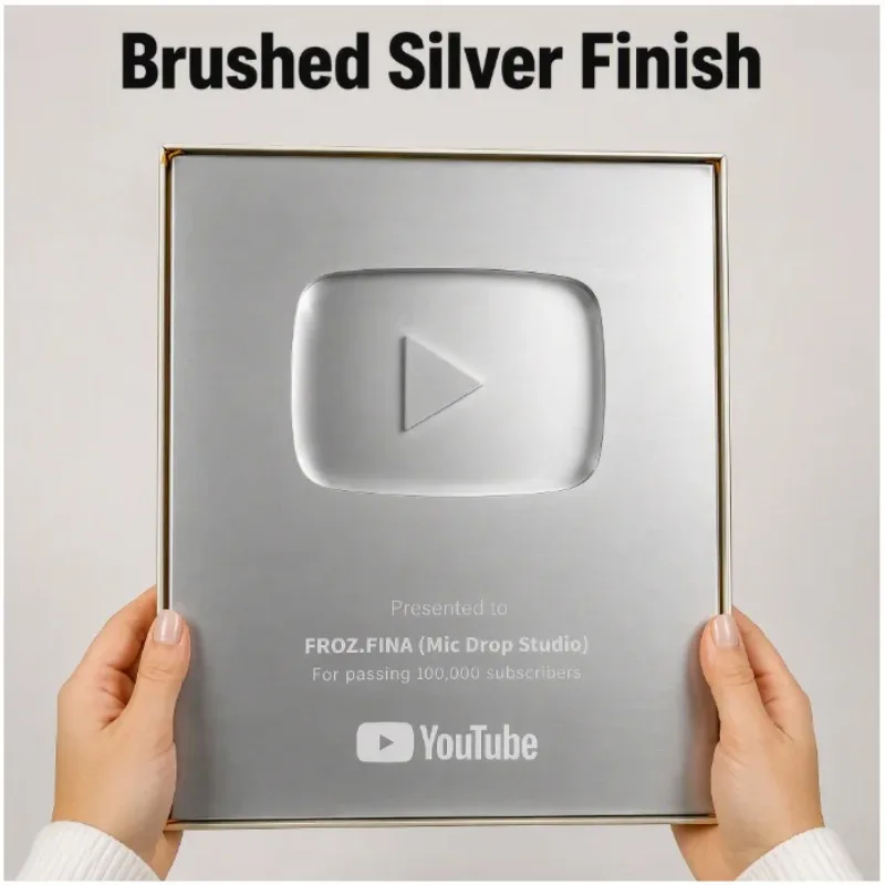 100K Subscribers YouTube Silver Play Button Award Personalized Creator Milestone Plaque Desk Display