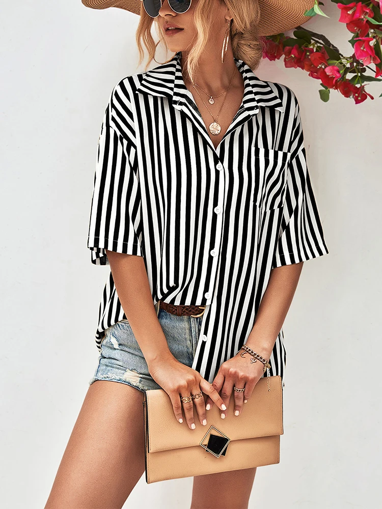 

Women Striped Blouse Summer Lapel Button Up Shirt Female Fashion Short Sleeve Shirt Top Ladies Casual Loose Vintage Blouse