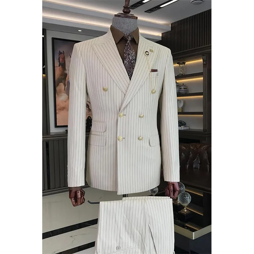 Handsome Men Suits White Stripe Double Breasted Peak Lapel Skinny 2 Piece Jacket Pants Sets High Quality Male Clothing Terno