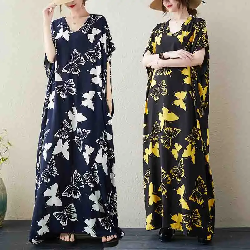 

Summer New plus Size Women's Dr Floral Print V-Ne Commuter Sle Comfortable Casual Long Knee-Length A-Line Dr
