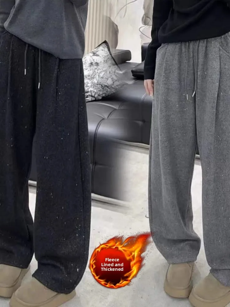 

plus Size Fleece Lined Wide Leg Pants Women's Casual Comfortable Lazy Style Trousers High Waist Straight Cut Color