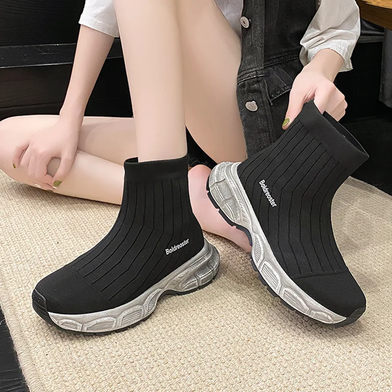 Elastic Socks Shoes Women's Spring and Autumn New Slip-on Sports Casual Ankle Boots Fly Woven Breathable Outdoor Female Shoes