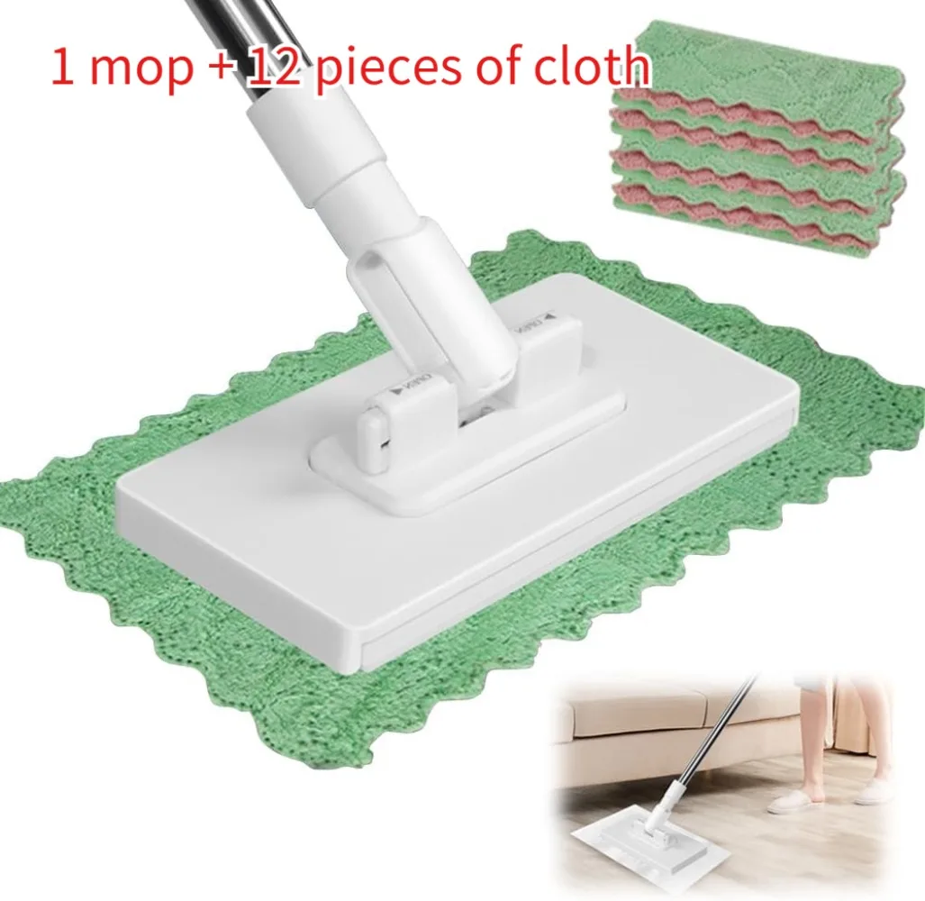 Set di 13 pezzi per la pulizia con mocio piatto, sistema di rilascio del panno con un solo tocco, utilizzo senza mani, include 12 panni di ricambio, mocio per la pulizia della polvere dai pavimenti,