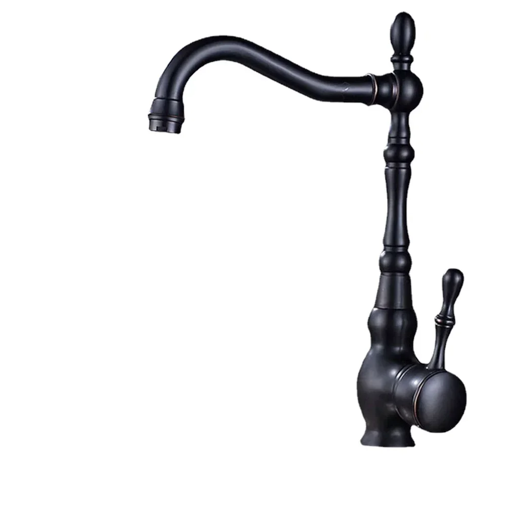 For Euro Retro Oil Bronze Black Bathroom Taps Deck Mounted One Hole Brass Kitchen Faucet Bubbler Spout Hot Cold Wash Mixer